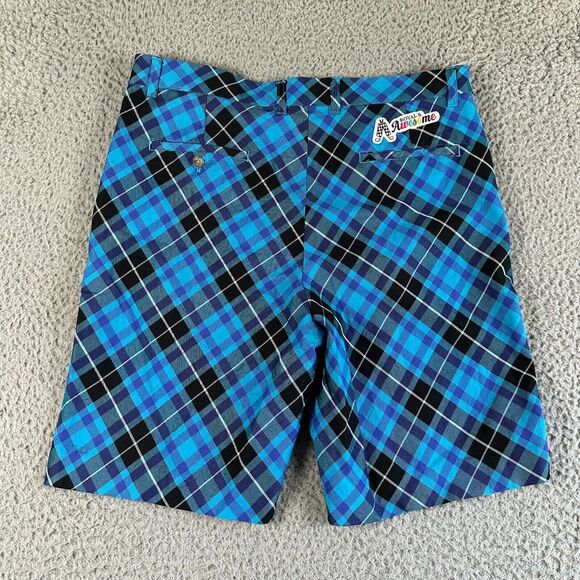 Royal & Awesome Golf Shorts Men's 38 Blue Black Plaid Knit 10" Stretch Tee Loops - Picture 9 of 11